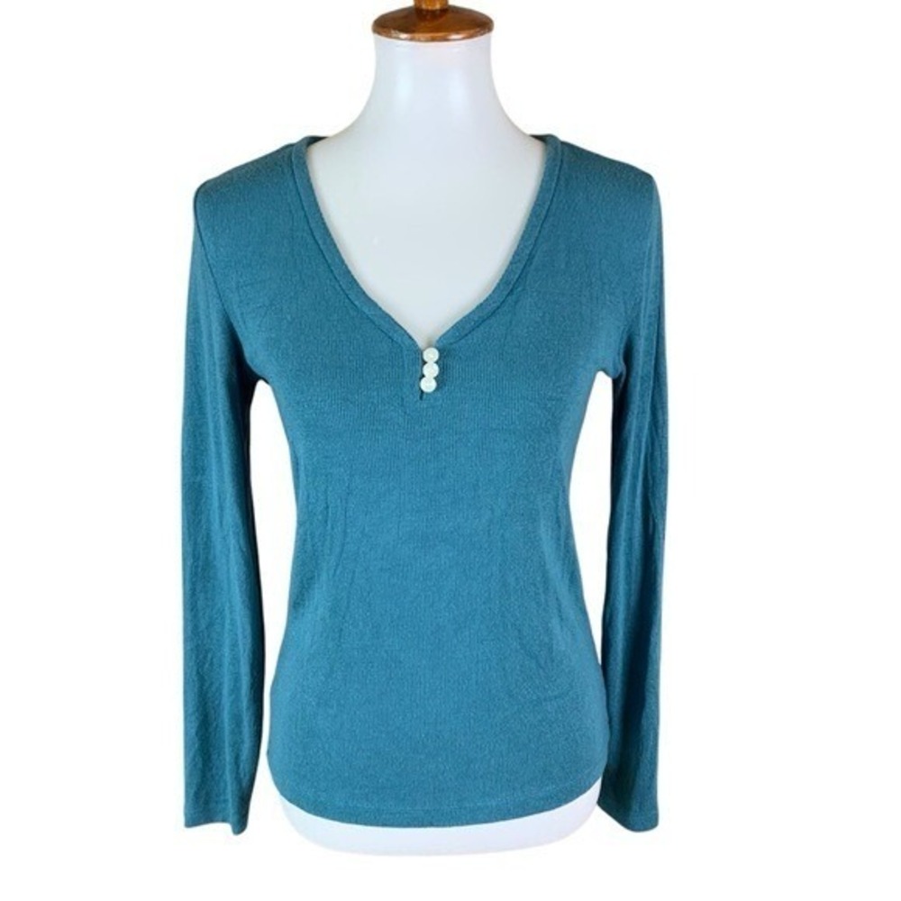 Summersalt Ribbed Long Sleeve Henley Shirt Teal Blue Stretch Modal Blend Large‎